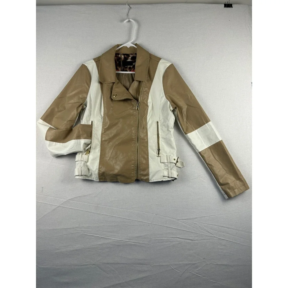 Steve Madden Tan Cream Colorblock Faux Leather Moto Jacket Gold Hardware Medium